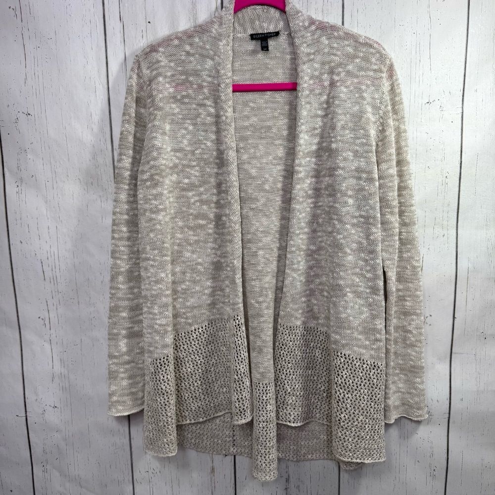 Eileen Fisher Beige Organic Linen Blend Open Front Cardigan Knit Beachy Layering